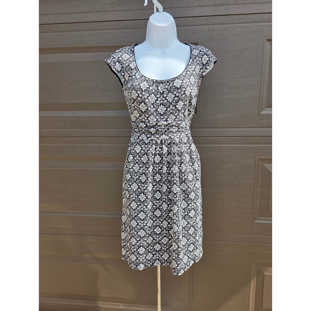 Boden Black White Floral Damask Fit Flare Jersey Dress Pockets US 2R UK 6R